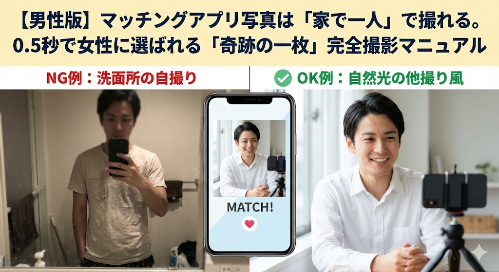 【男性版】マッチングアプリ写真は「家で一人」で撮れる。0.5秒で女性に選ばれる「奇跡の一枚」完全撮影マニュアル