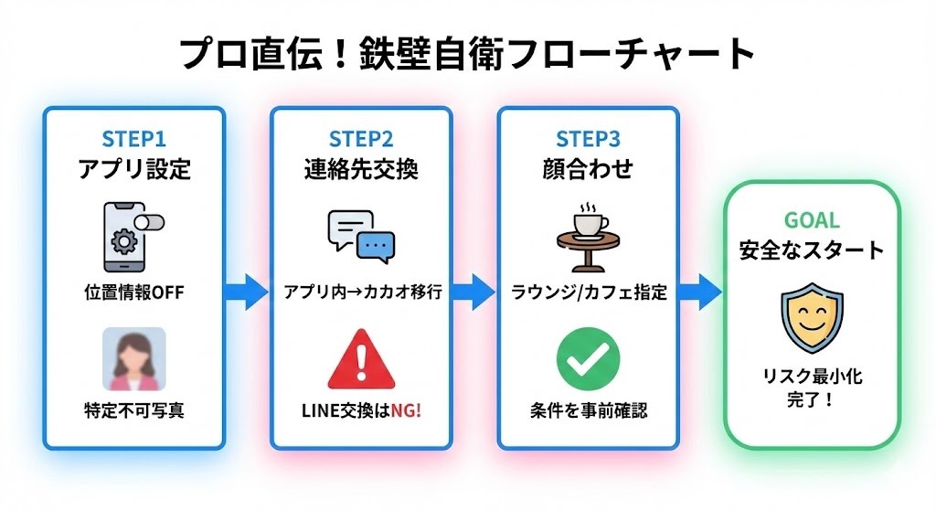 パパ活の安全な始め方を示すプロ直伝の鉄壁自衛フローチャート。STEP1アプリ設定(位置情報OFF、特定不可写真)、STEP2連絡先交換(カカオ移行、LINE NG)、STEP3顔合わせ(ラウンジ指定、条件確認)を経て、安全なスタート(リスク最小化完了)に至るまでの流れを図解。