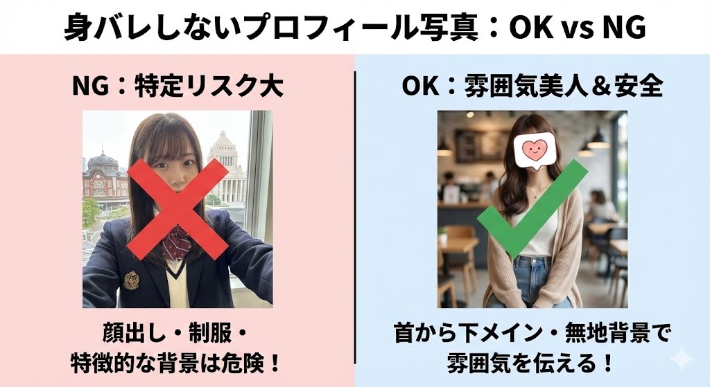 パパ活アプリのプロフィール写真における、身バレしないOK例と危険なNG例の比較図。NG例は顔出し、制服、特徴的な背景で特定リスクが大。OK例は首から下をメインに、無地の背景で雰囲気を伝えつつ顔をスタンプで隠しており安全。