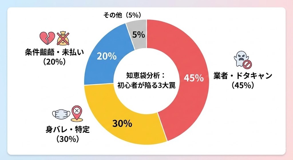 知恵袋のパパ活失敗談内訳円グラフ。初心者が陥る3大罠として、業者のサクラやドタキャンが45%、身バレや特定が30%、条件の齟齬や未払いが20%を占める分析結果を示す図。