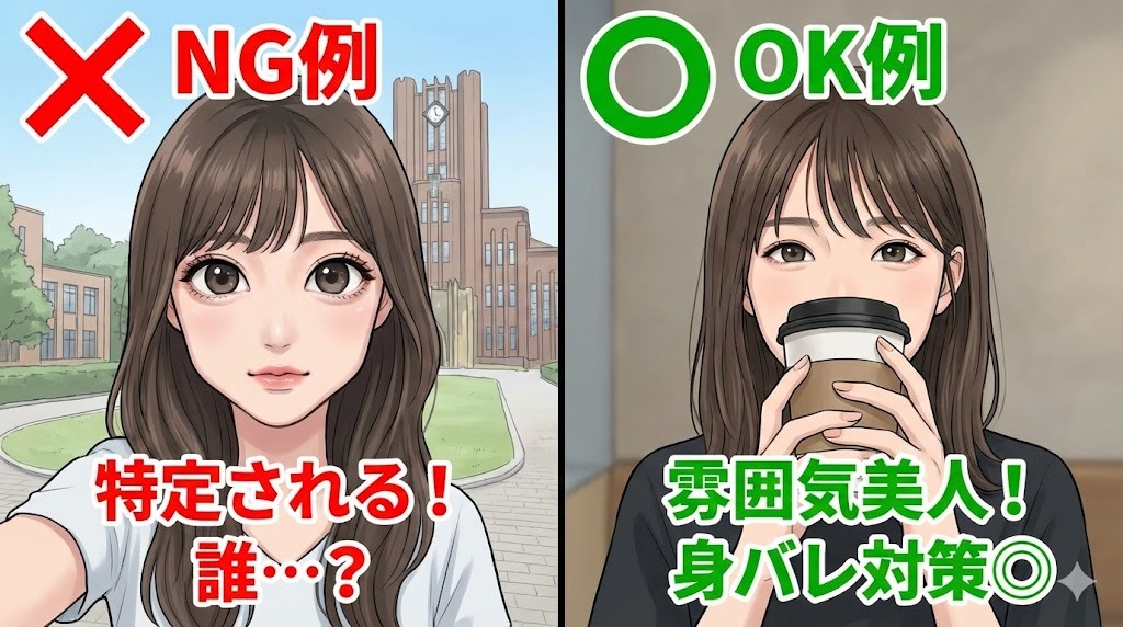 パパ活のプロフィール写真のOK例とNG例を比較したイラスト。左側のNG例は加工が強く背景から大学が特定できる写真に「特定される！誰…？」とあり、右側のOK例は自然な雰囲気で顔の一部を隠し背景も特定できない写真に「雰囲気美人！身バレ対策◎」とある。