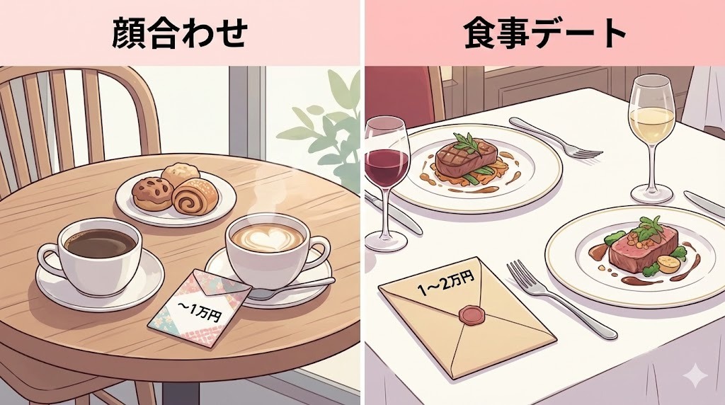 パパ活のデート内容別お手当相場のイラスト。左側はカフェでの「顔合わせ」で、コーヒーと軽食の横に「～1万円」と書かれたポチ袋がある。右側はレストランでの「食事デート」で、ステーキなどの料理の横に「1～2万円」と書かれた封筒がある。