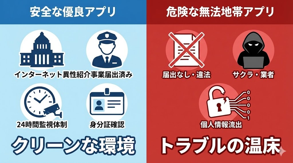 安全な優良パパ活アプリと危険な無法地帯アプリの特徴を比較したイラスト図。左側は青色で届出済み、24時間監視、身分証確認などの安全対策がクリーンな環境として描かれ、右側は赤色で届出なし、サクラや業者、個人情報流出などのトラブルの温床として描かれている。